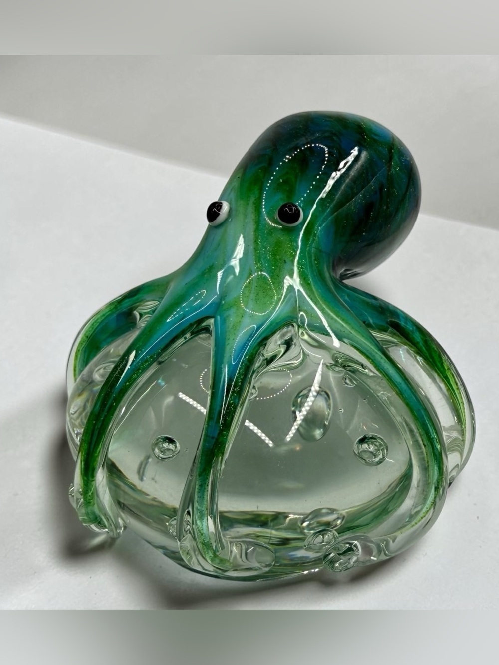 Hand Blown Glass Octopus Figurine Paperweight Blue Green Nautical Decor